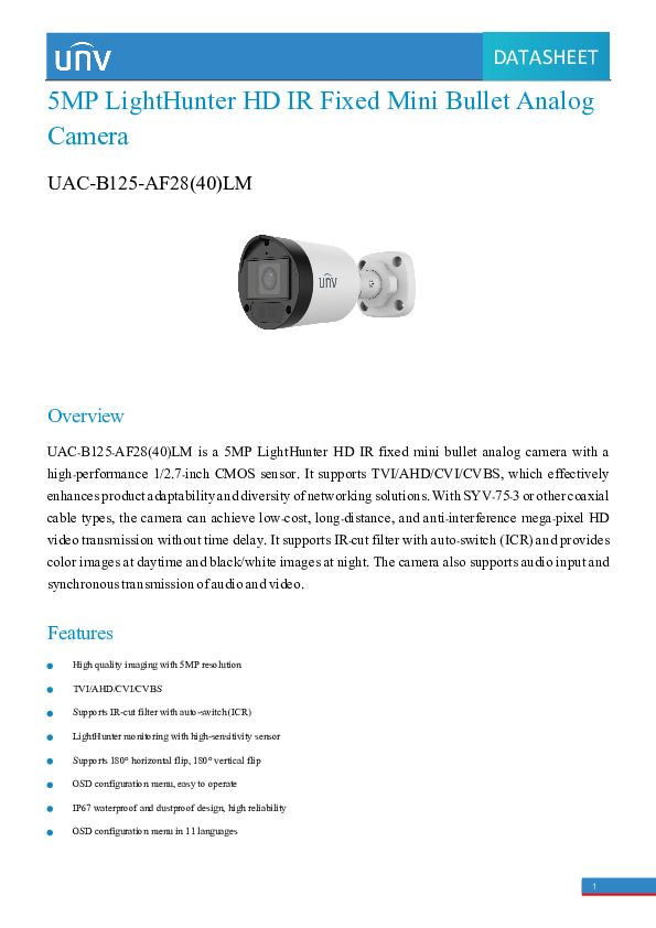 Uniview UNV 5MP IR Light Analog Bullet 2.8mm UAC-B125-AF28M