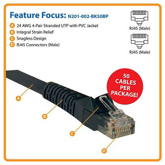 Cat6 Cable (RJ45 M/M),PoE,Black,2',50pc