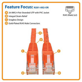Cat6 Cable (RJ45 M/M),PoE,Orange,2 ft.