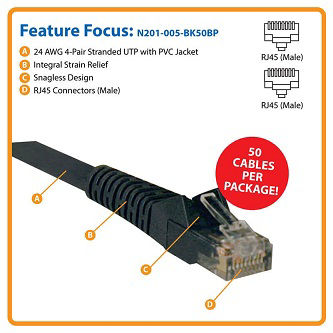 Cat6 Cable (RJ45 M/M),PoE,Black,5',50pc