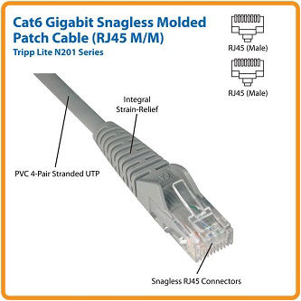 Cat6 Cable (RJ45 M/M),PoE,Gray,5 ft.