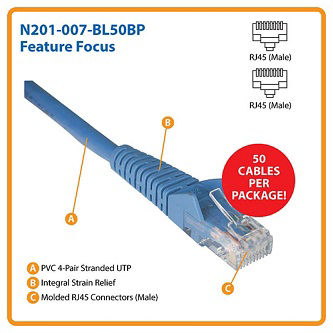 Cat6 Cable (RJ45 M/M),PoE,Blue,7',50pc