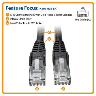 Cat6 Cable (RJ45 M/M),PoE,Black,8 ft.