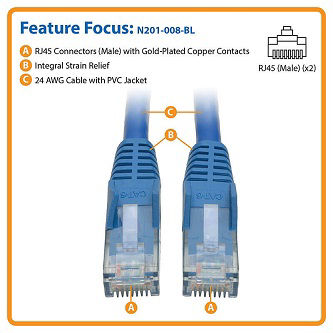 Cat6 Cable (RJ45 M/M),PoE,Blue,8 ft.