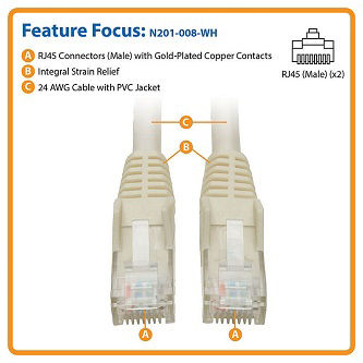 Cat6 Cable (RJ45 M/M),PoE,White,8 ft.
