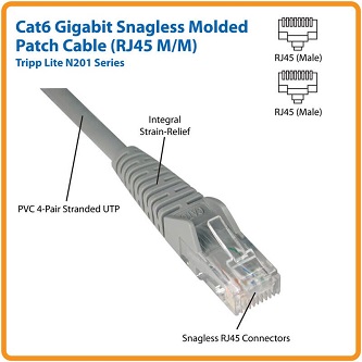 Cat6 Cable (RJ45 M/M),PoE,Gray,15 ft.