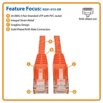 Cat6 Cable (RJ45 M/M),PoE,Orange,15 ft.