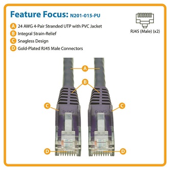 Cat6 Cable (RJ45 M/M),PoE,Purple,15 ft.