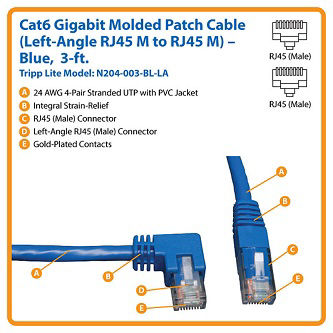 Cat6 Cable (RJ45 Lf-Ang M/M),Blue,3 ft.
