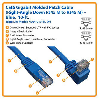 Cat6 Cable(RJ45 Rt-Ang DownM/M),Blue,10'