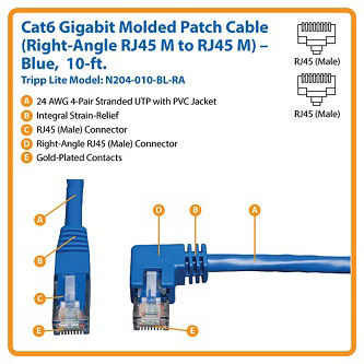 Cat6 Cable (RJ45 Rt-Ang M/M),Blue,10 ft.