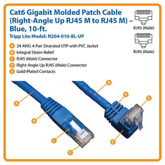 Cat6 Cable (RJ45 Rt-Ang Up M/M),Blue,10'