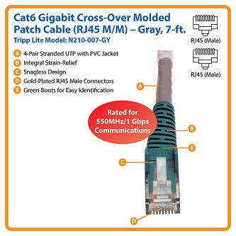 Cat6 Cable (RJ45 M/M),Gray,7 ft.