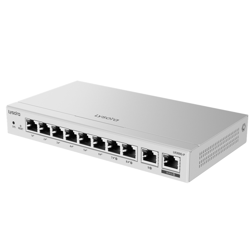 [IPP-LYS-LR300G-P] Lysora Desktop 10-port full gigabit router, providing one WAN port, six LAN ports, and three LAN/WAN ports; supporting eight PoE/PoE+ interfaces and maximum 110 W PoE power; recommended concurrency of 300, maximum 1.5 Gbps throughput; cloud remote management supported. LR300G-P