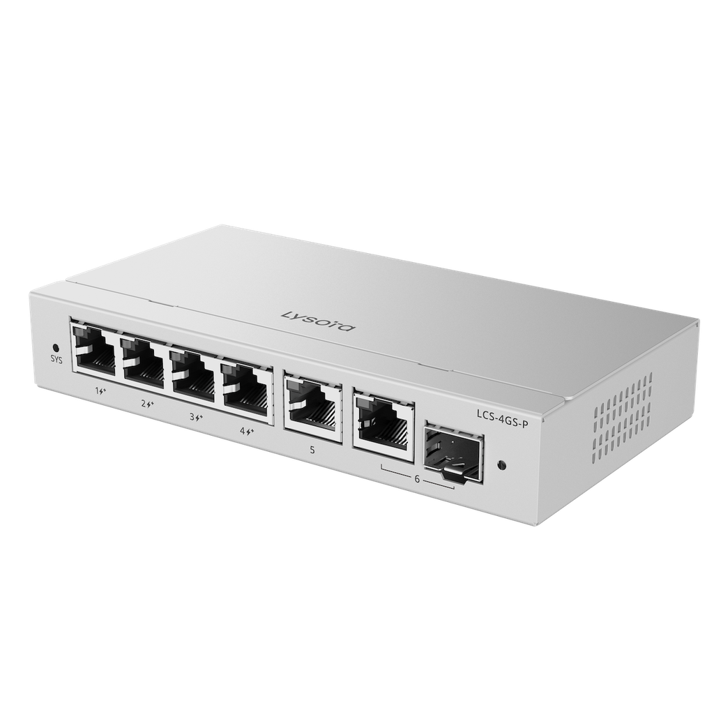 [IPP-LYS-LCS-4GS-P] Lysora 6-Port Gigabit Smart POE Switch, 4 PoE/POE+ Ports with 1 Gigabit RJ45/1 combo SFP uplink ports, 54W PoE power budget, Desktop Steel Case. LCS-4GS-P
