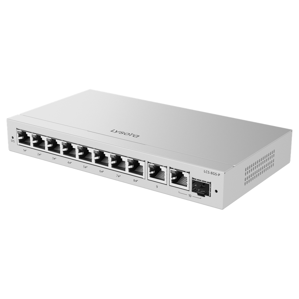 Lysora 10-Port Gigabit Smart POE Switch, 8 PoE/POE+ Gigabit RJ45 Ports with 1 Gigabit RJ45/1 combo SFP uplink ports,,120W PoE power budget, Desktop Steel Case LCS-8GS-P