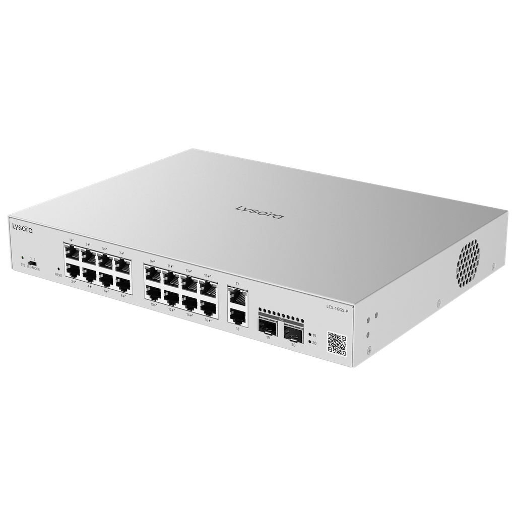 Lysora 20-Port Gigabit Smart POE Switch, 16 PoE/POE+ Ports with 2 Gigabit RJ45/2 SFP uplink ports, 250W PoE power budget, Desktop Steel Case LCS-16GS-P