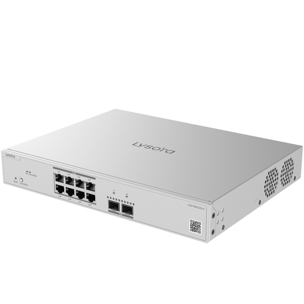 [IPP-LYS-LS2P-8MG2XS-P] Lysora 8-Port Multi-Gigabit Layer 2 Managed Switch, 2 x SFP+ Uplink Ports；1 x fixed power supply module（Rated voltage range: 100 V AC to 240 V AC）；Maximum power consumptionNo PoE load: ＜27W; Full PoE load: ＜278W LS2P-8MG2XS-P