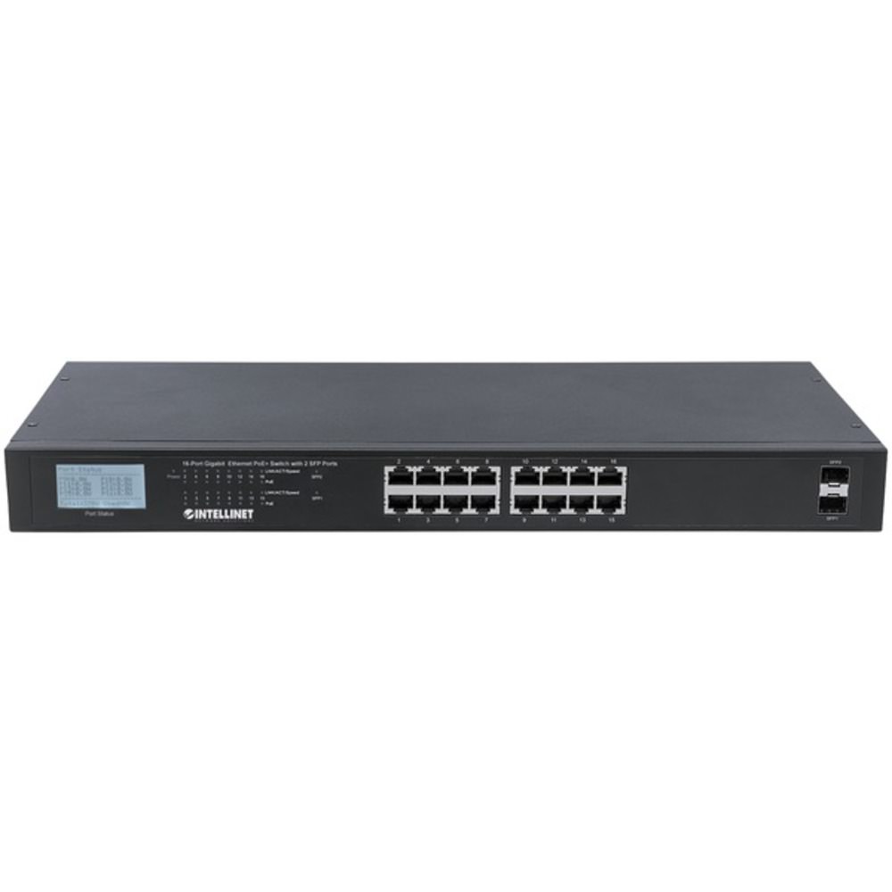 Intellinet IPS-16G02-370W-L 16-Port Gigabit Ethernet PoE+ Switch with 2 SFP Ports and LCD Screen 561259